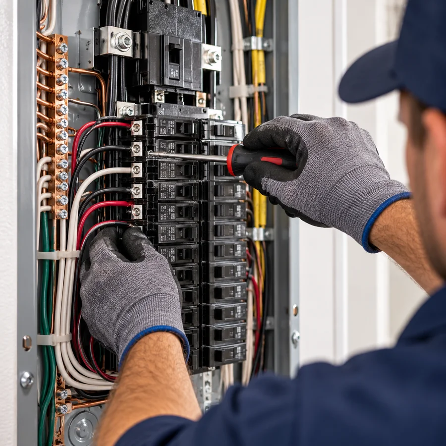 Electrical technician working on a residential breaker panel