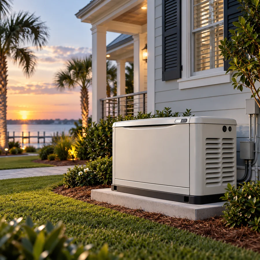 Whole-home standby generator beside a coastal home