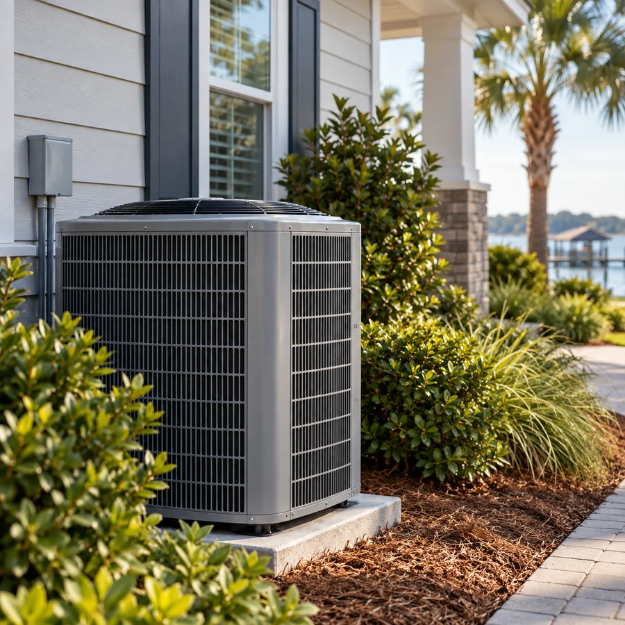 Outdoor air conditioning unit beside a coastal Florida home