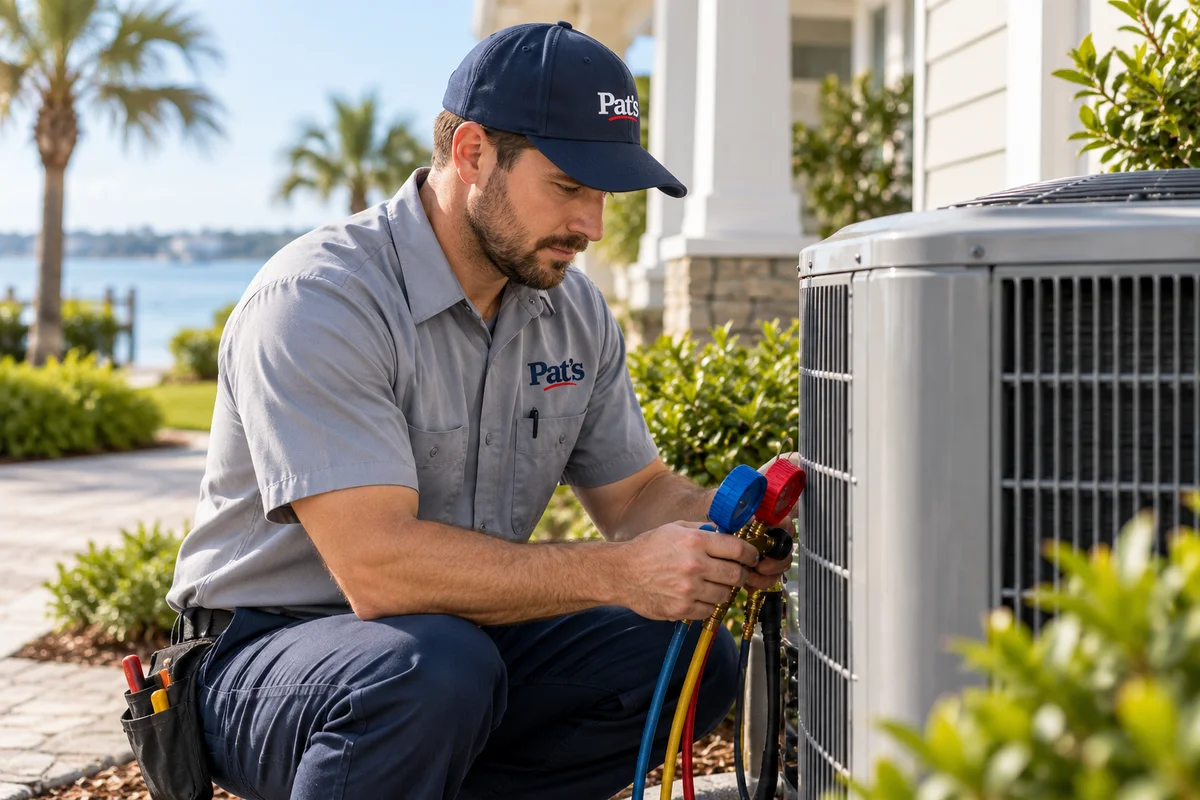 HVAC technician checking a home air conditioning system